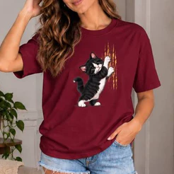 T-Shirt Feminina Gola Redonda Camiseta Feminina GATINHO Travesso Algodão 30.1 Gato Fofinho