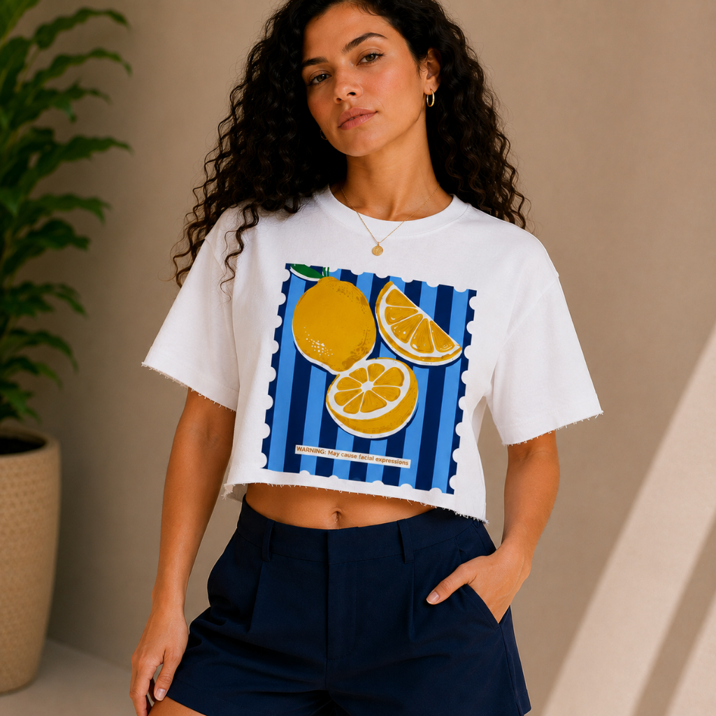 Cropped Feminino Oversized 100% Algodão Limões Listras Azuis Camiseta Estampada Soltinha