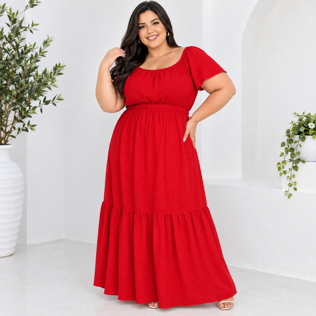 Vestido Longo feminina Plus Size Viscolinho Ciganinha Casual Manga curta Tendência Moda Evangélica