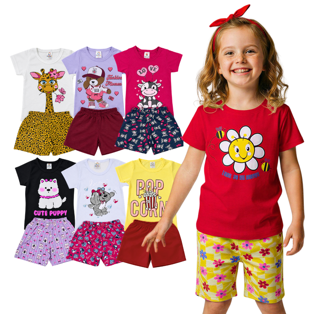 Kit 6 Peças Infantil Menina Roupa Verão Sortido Estampado Camiseta + Shorts Feminino 3 Conjuntos