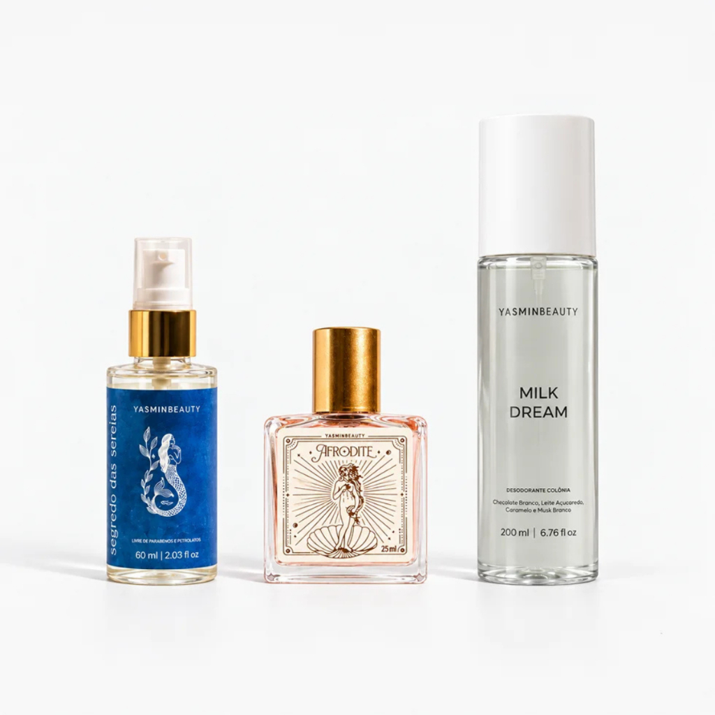 Kit Ritual Afrodite Yasmin Beauty - Fragrância Afrodite Mini + Óleo Capilar + Body Splash milk dream (gratis)