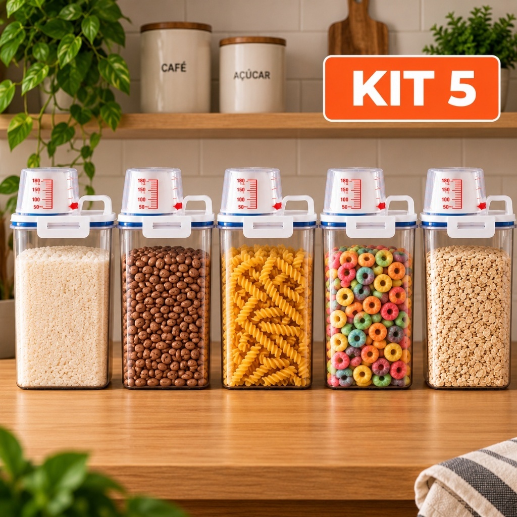 Kit 5 Potes Herméticos 2,5L Bico Dosador Multiuso Organizador de Cozinha Lavanderia Porta Mantimento