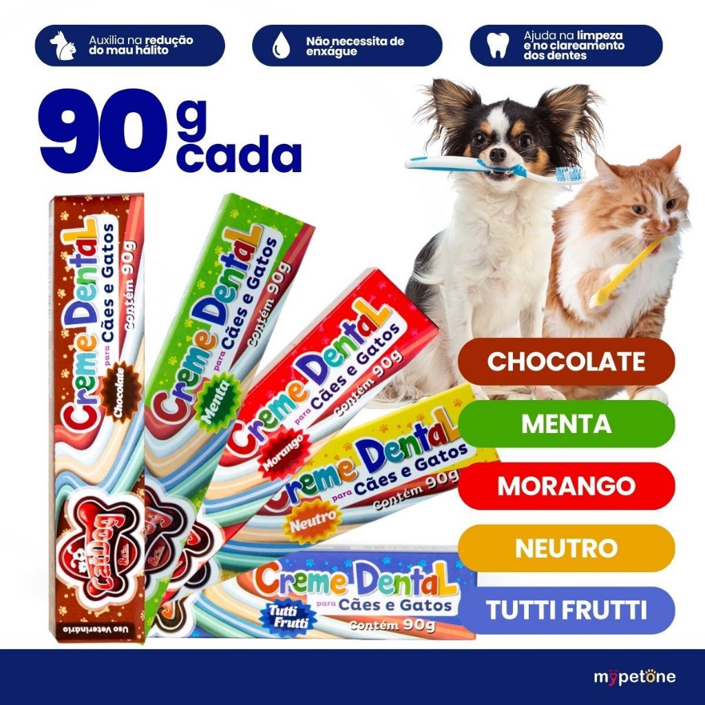Creme Dental Pasta Pet 90g Sabores Variados Para Cães e Gatos Higiene Bucal CatDog Cuida e Protege Dos Dentes