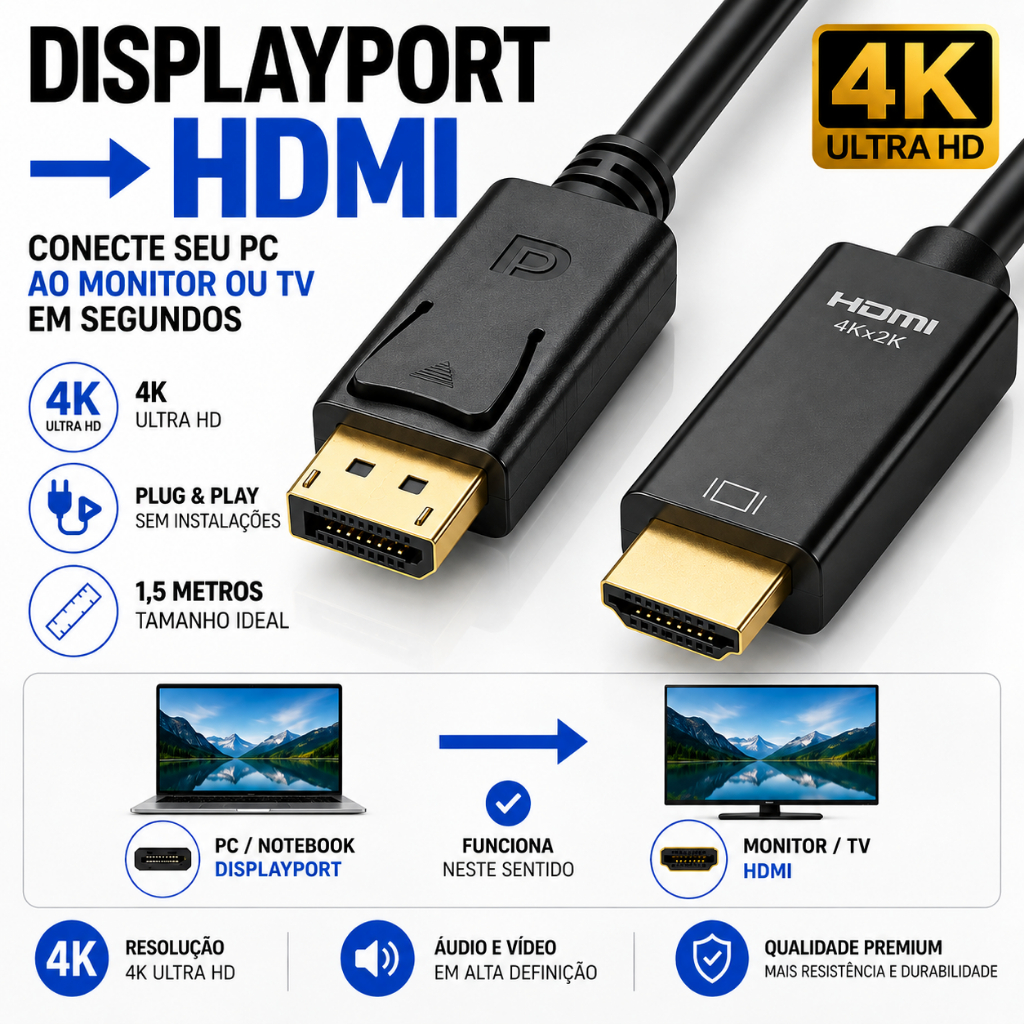 Cabo DisplayPort para HDMI 4K 1,5m PC Notebook TV Monitor