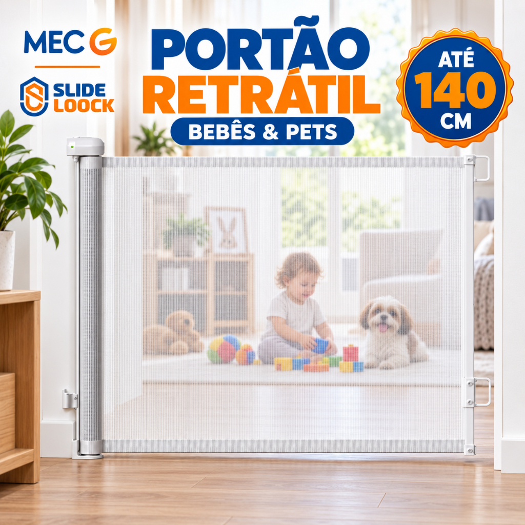 Portão Tela de Segurança Para Bebes Grade de Proteção Cercadinho Retrátil até 140cm Preto e Branco