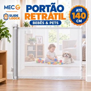 Portão Tela de Segurança Para Bebes Grade de Proteção Cercadinho Retrátil até 140cm Preto e Branco