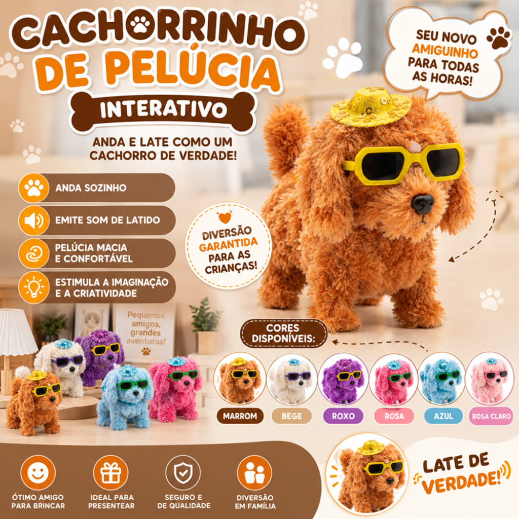 Cachorrinho de Pelúcia acessórios Interativo Anda e Late com Som Brinquedo Infantil Educativo Presente para Crianças