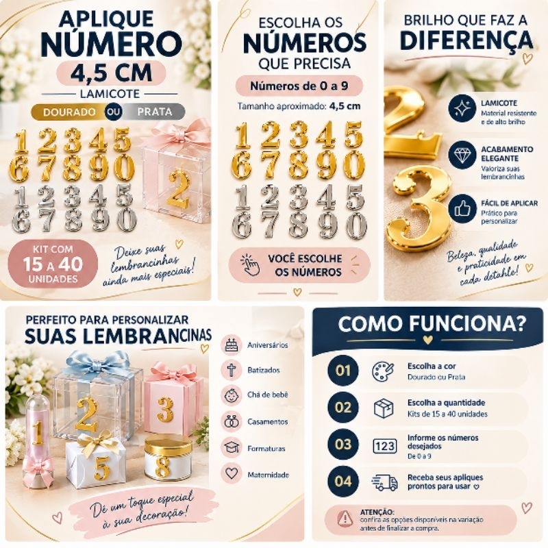 Aplique Número 4,5cm em Lamicote Dourado ou Prata para Lembrancinha