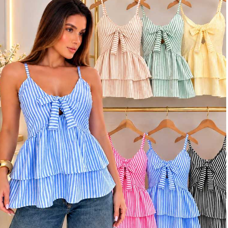 Blusa Feminina Listrada Alça Fina com Laço Frontal Babado Moda Casual P M G
