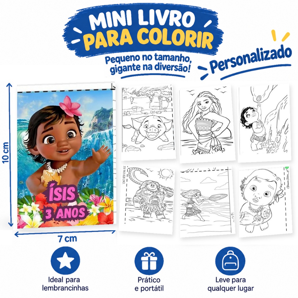 Mini Livro De Colorir MOANA Personalizado Nome e Idade - Lembrancinha P/ Maletinha Acrílica Saquinho Surpresa