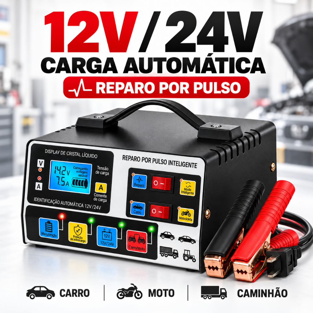 Carregador de Bateria Automotiva Inteligente 12V com Display LCD Reparo de Pulso Automático para Carro Moto