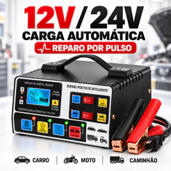 Carregador de Bateria Automotiva Inteligente 12V com Display LCD Reparo de Pulso Automático para Carro Moto