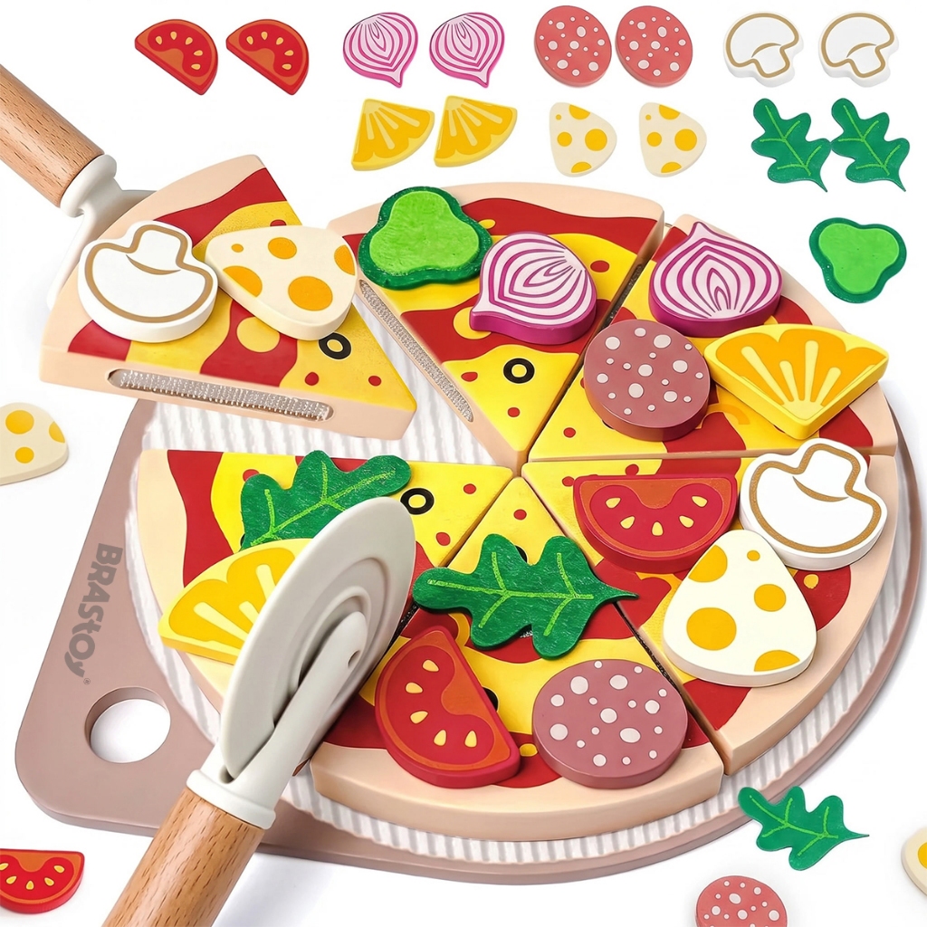 Kit Pizza de Madeira Cortar Comidinha Brinquedo Cozinha Infantil Faz de Conta Montessori Pequenos Chefs BRASTOY