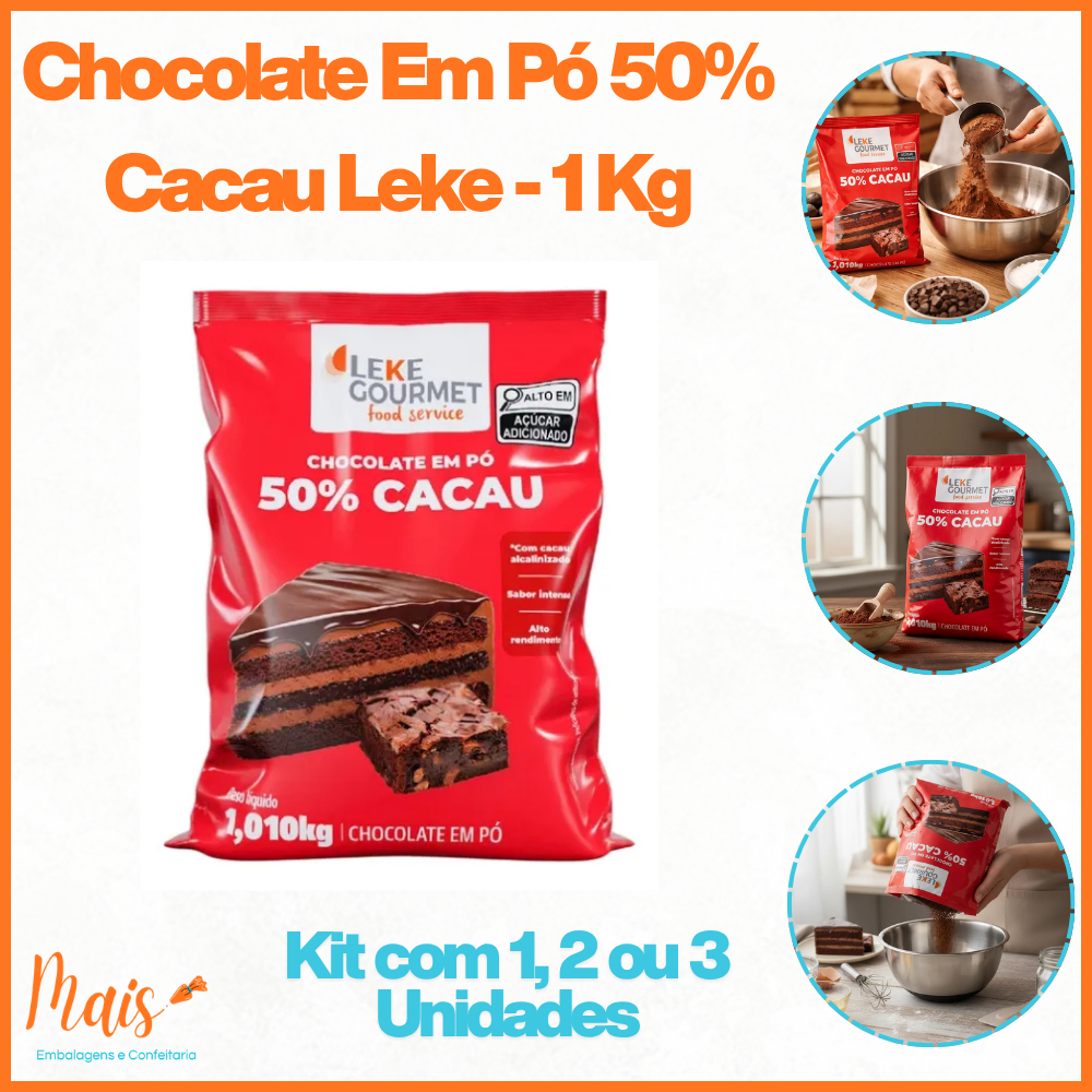 Chocolate em Pó 50% Cacau Leke Gourmet 1,010kg – Kit 1, 2 ou 3 Unidades