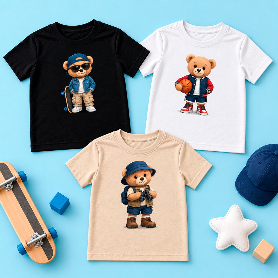 Kit 3 Camisetas Masculina Infantil Juvenil Estampadas Ursinhos Estilosos Fofos | T-Shirt Menino Moderna Casual Algodão