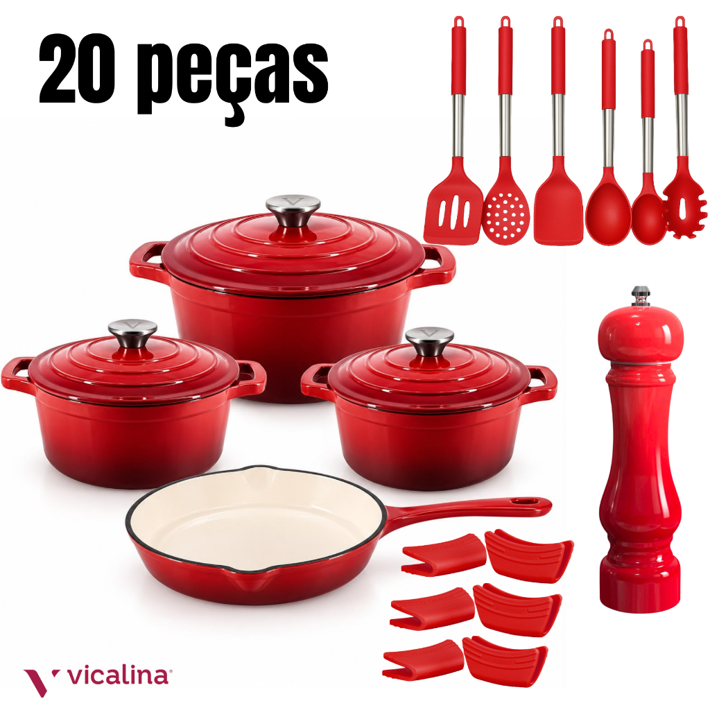 Conjunto de panelas ferro fundido esmaltadas 20 peças de luxo Vicalina