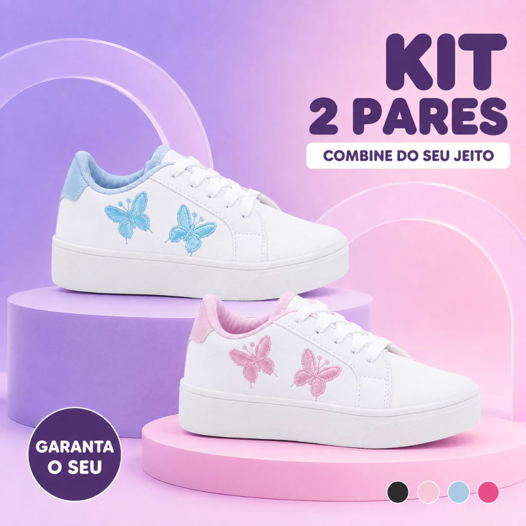 Kit 2 Pares Tênis Infantil Feminino Borboleta Bordada para Escola e Passeio Estilo Moderno — imagem 1