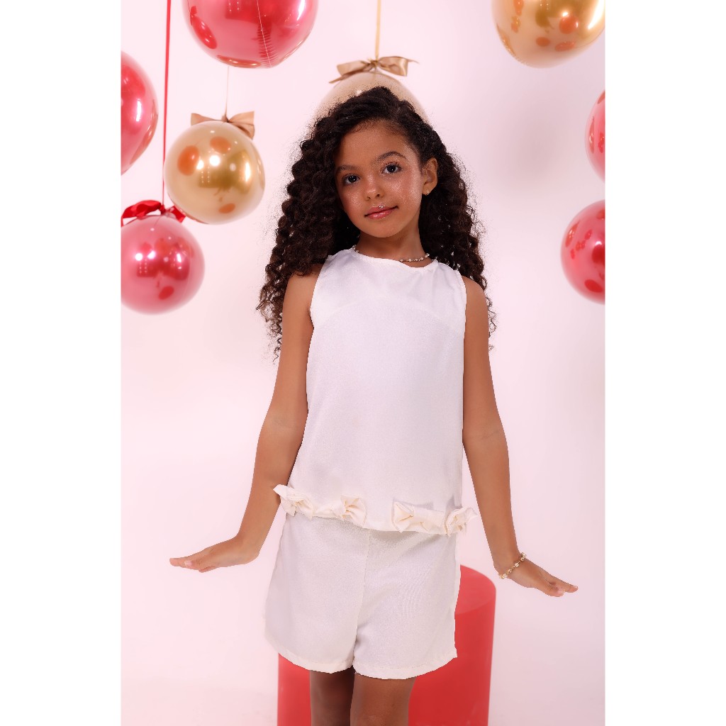 Conjunto Infantil Feminino Blusa e Short Alfaiataria Laços do 2 ao 8 Delicado elegante e confortável Look festa menina