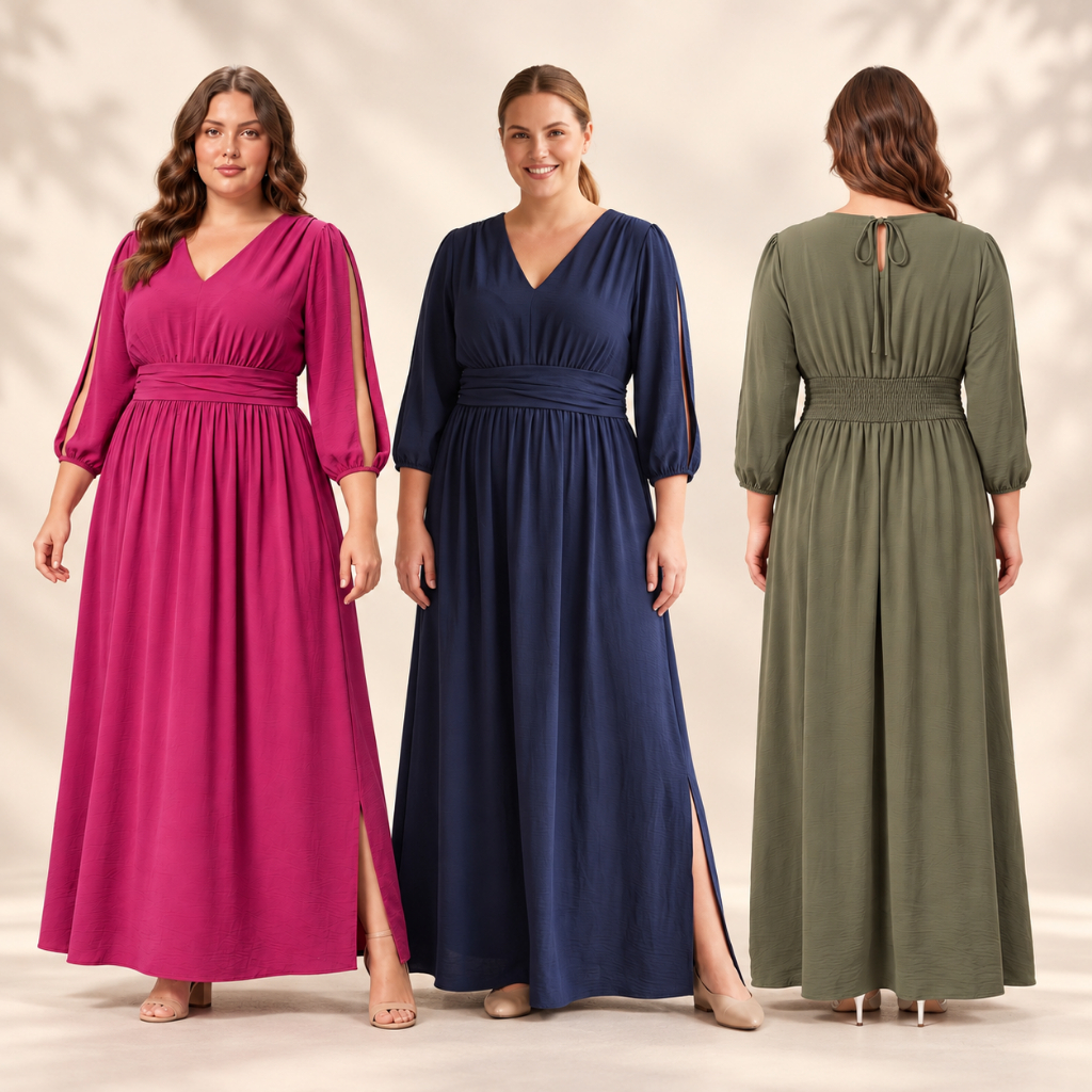Vestido Longo Plus Size Feminino Manga 3/4 com Fenda Tecido Duna Elegante Casamento Madrinha Evangélico G1 ao G5