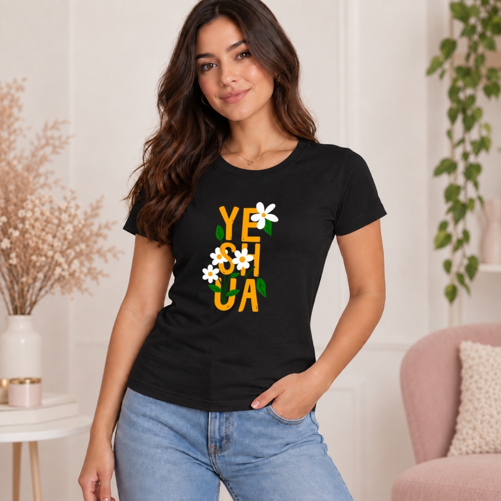 Camiseta Babylook Feminina Yeshua Flores Brancas Fofa Deus Religião Abençoada 100% Algodão Premium Básica Casual