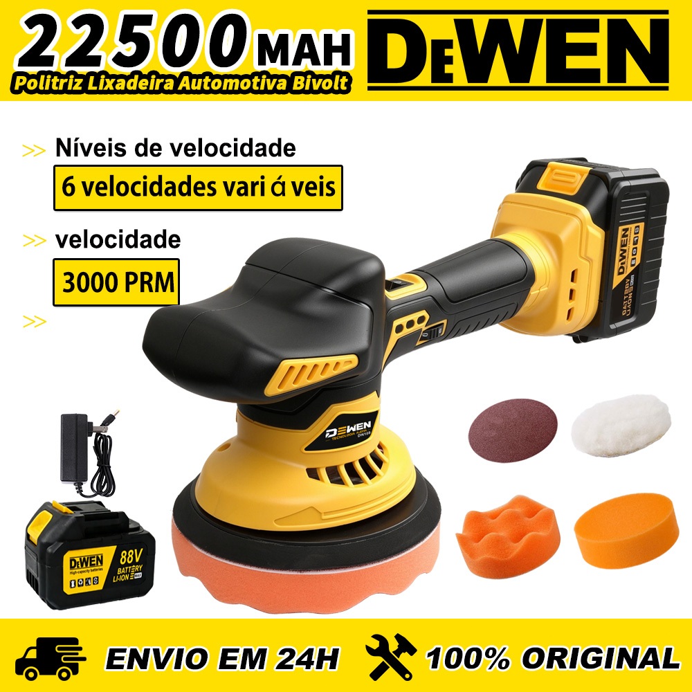 Politriz Lixadeira Automotiva Bivolt 6 Velocidades Motor Brushless Sem Escovas 180mm Diâmetro Velcro Autoadesiv