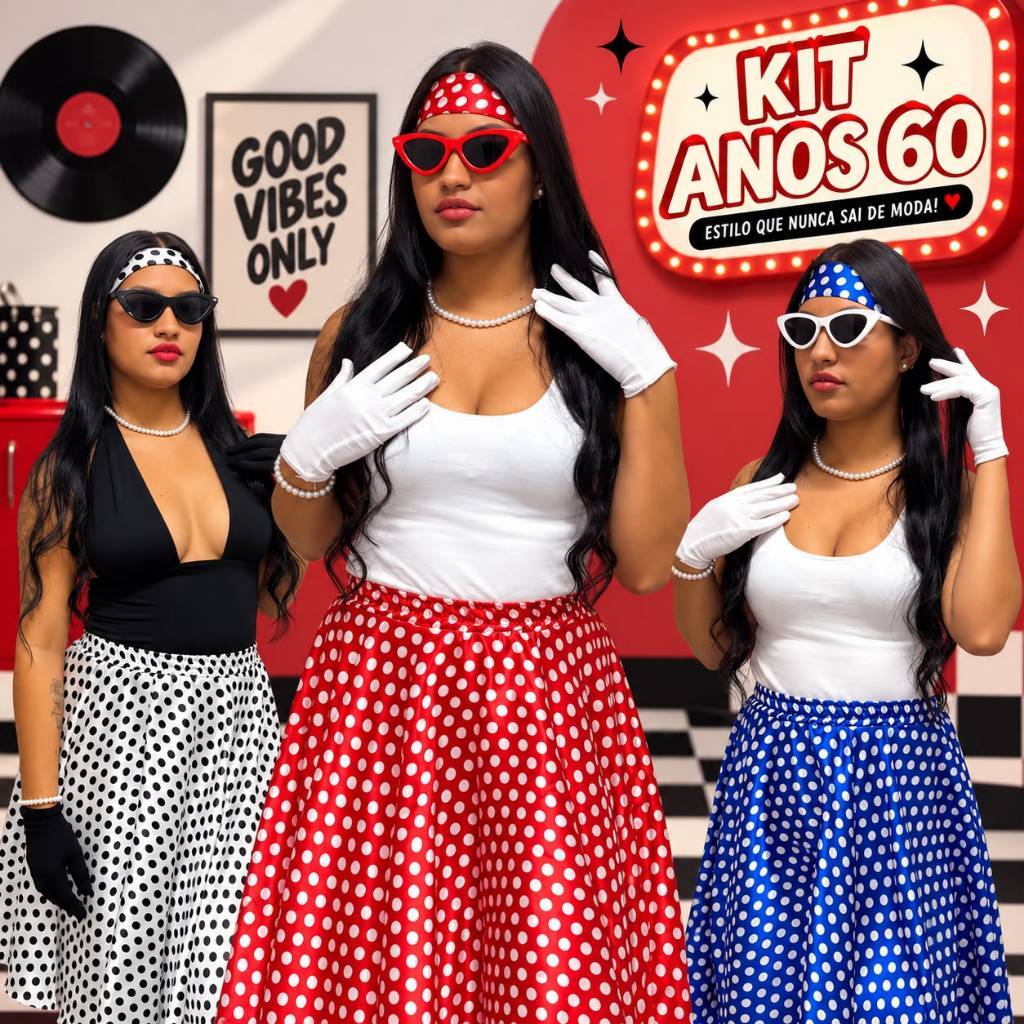 Kit Saia Bolinha Óculos Luva Colar Brinco Pulseira e Lenço Feminina Adulto Anos 60 Retro Godê Rodada Poá Moda Feminina
