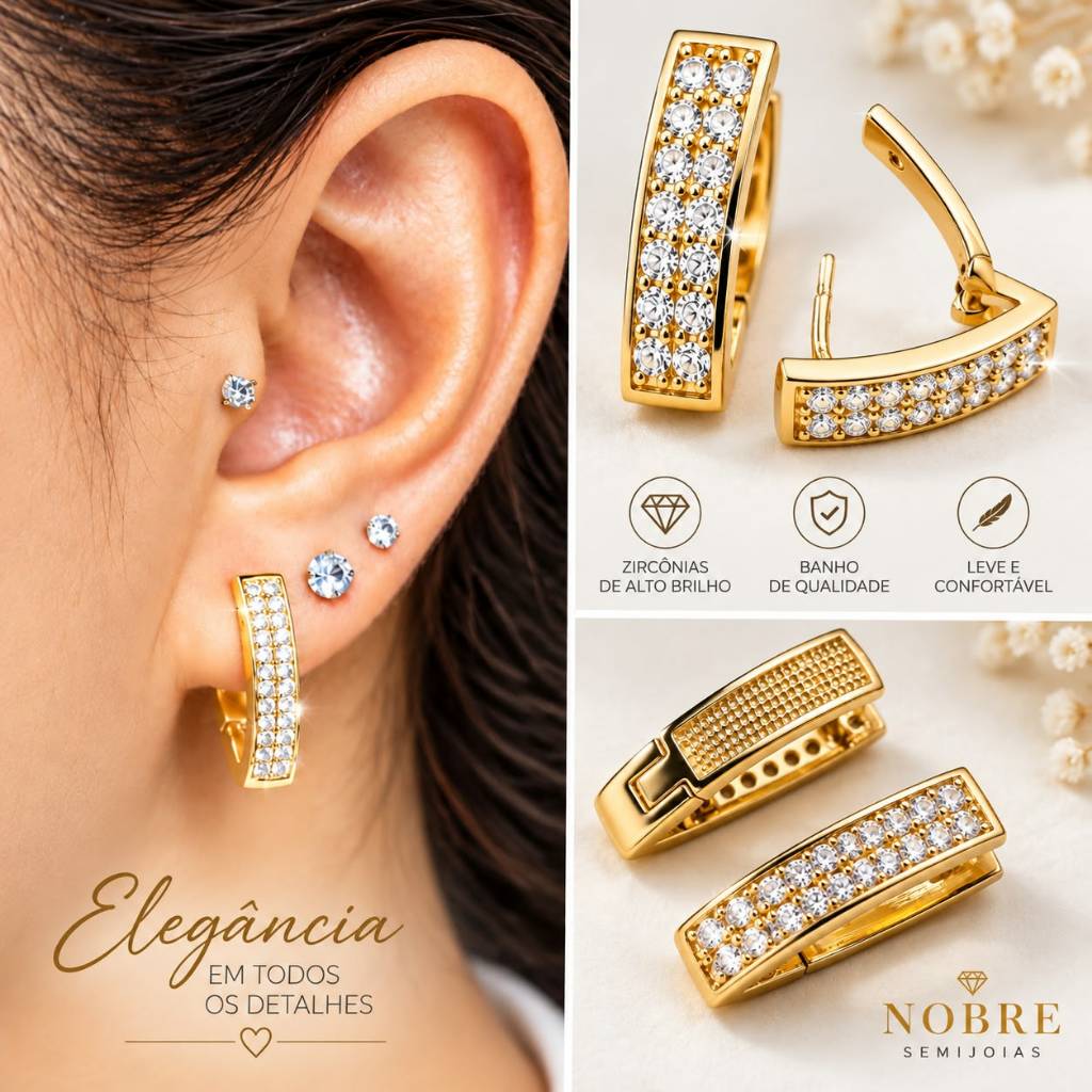 Brinco Agola V com Zircônia Banhado a Ouro 18K
