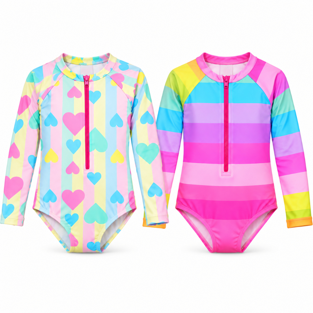 Kit 2 Maiô Infantil Feminino Manga Longa Estampado 02 ao 16 Com Zíper Proteção Solar UV 50+ Verão Moda Praia Piscina