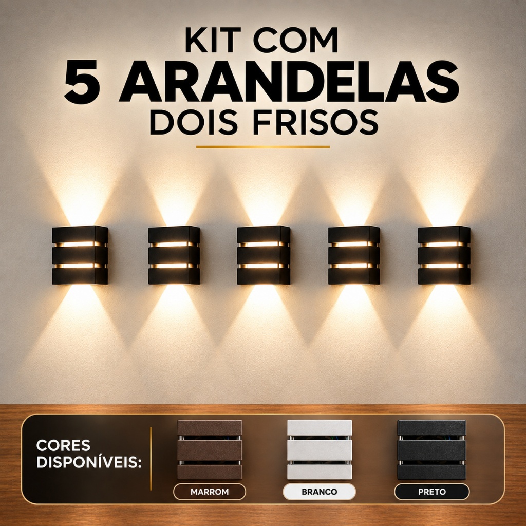 Kit 5 Arandela Luminária De Parede Slim 2 Focos 2 Frisos Uso Externo e Interno Acompanha Lâmpada Led 5w