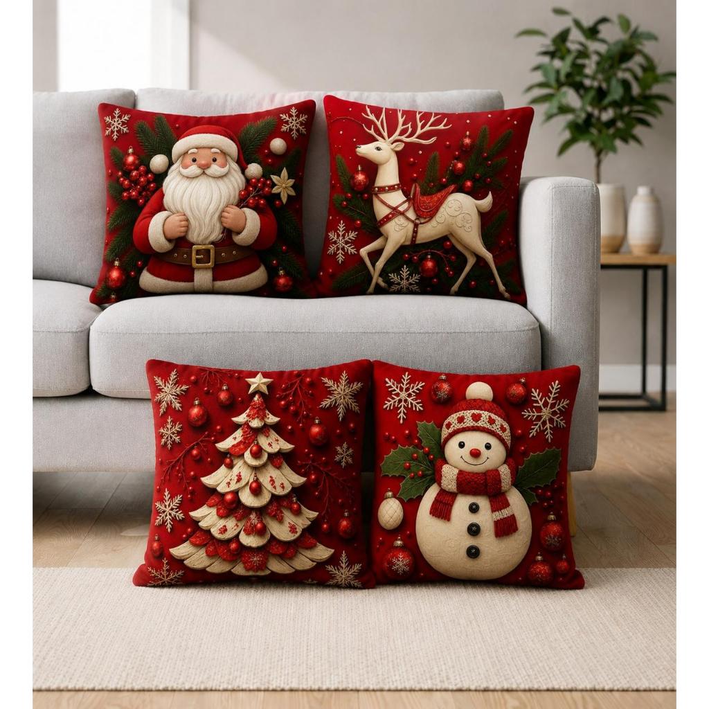 Kit 4 Capas De Almofadas Natalinas Estampado Com Zíper Decoração de Natal Papai Noel Sofá Sala