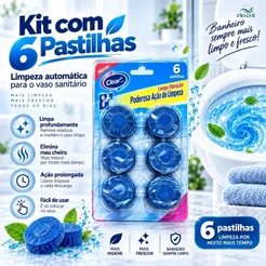 Kit Pastilha Azul para Caixa Acoplada 4&6 Unidades, Limpa Automático, Elimina Mau Cheiro, Higiene do Banheiro