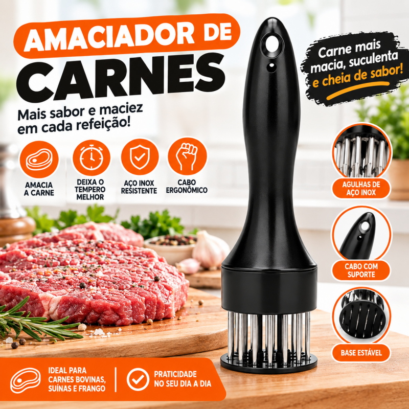 Amaciador de Carne Manual Aço Inox 16 Agulhas Maciador de Bife Frango Porco Cabo Ergonômico Cozinha