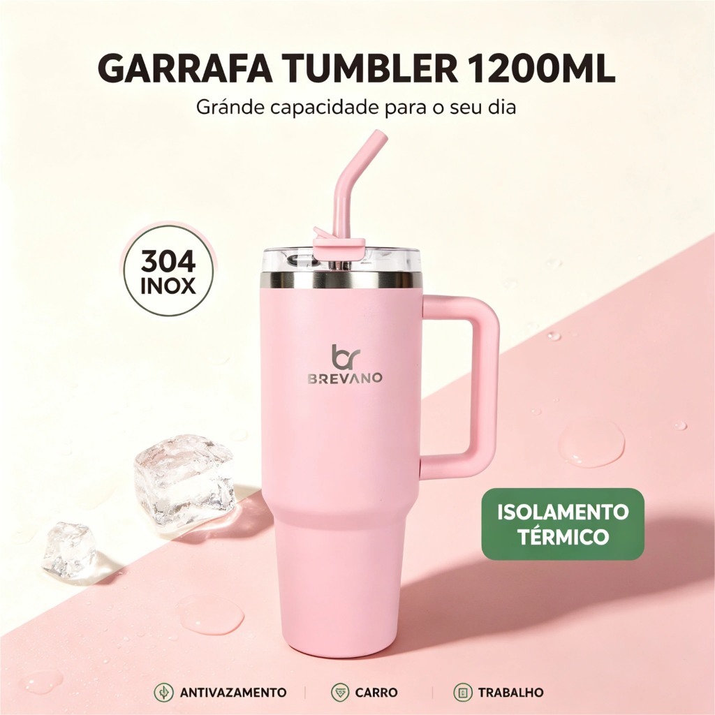Tumbler Rosa 1200ml Parede Dupla com Canudo, Garrafa Fitness para Treino e Trabalho