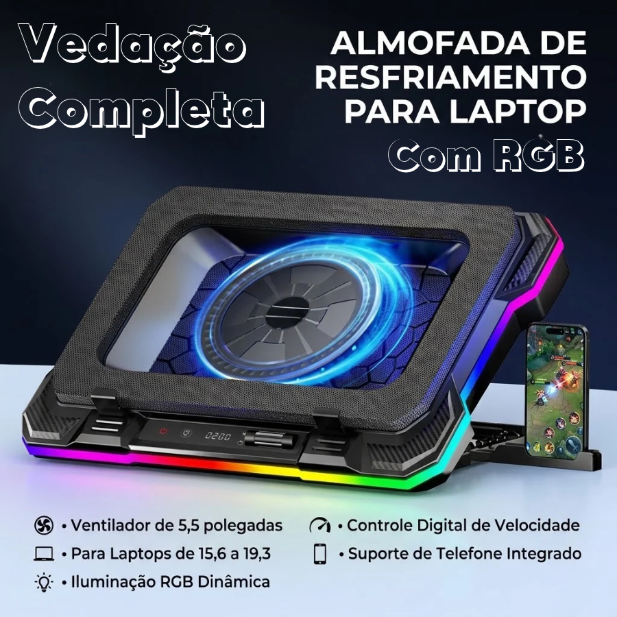 Base Resfriadora Gamer Ajustável Para Notebook RGB Cooler Pad Dissipador de Calor com Ventoinhas Vedação Completa