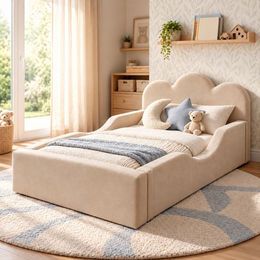 Mini Cama Pompom Montessoriana Nuvem Infantil Menina Menino Estofada Capas Removíveis Com Colchão Bege Rosa Azul - AV — imagem 2 de 2