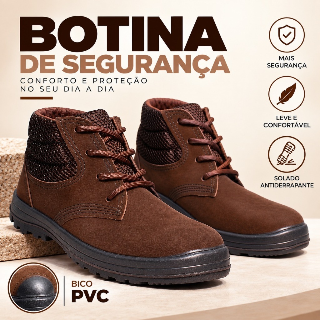 Bota Botina Coturno EPI Couro Legítimo Marrom Bico Composite PVC CA 17017 Segurança Trabalho Resistente Confortável
