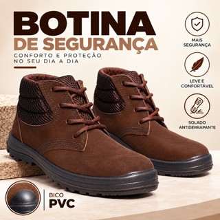Bota Botina Coturno EPI Couro Legítimo Marrom Bico Composite PVC CA 17017 Segurança Trabalho Resistente Confortável