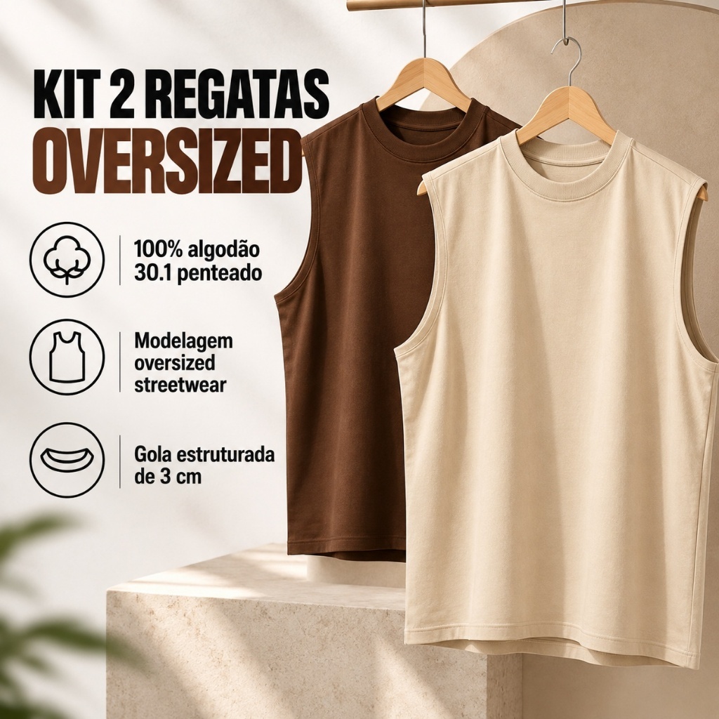 Kit 2 Regatas Masculinas Oversized 100% Algodão Streetwear Gola Alta Academia Verão Lisa