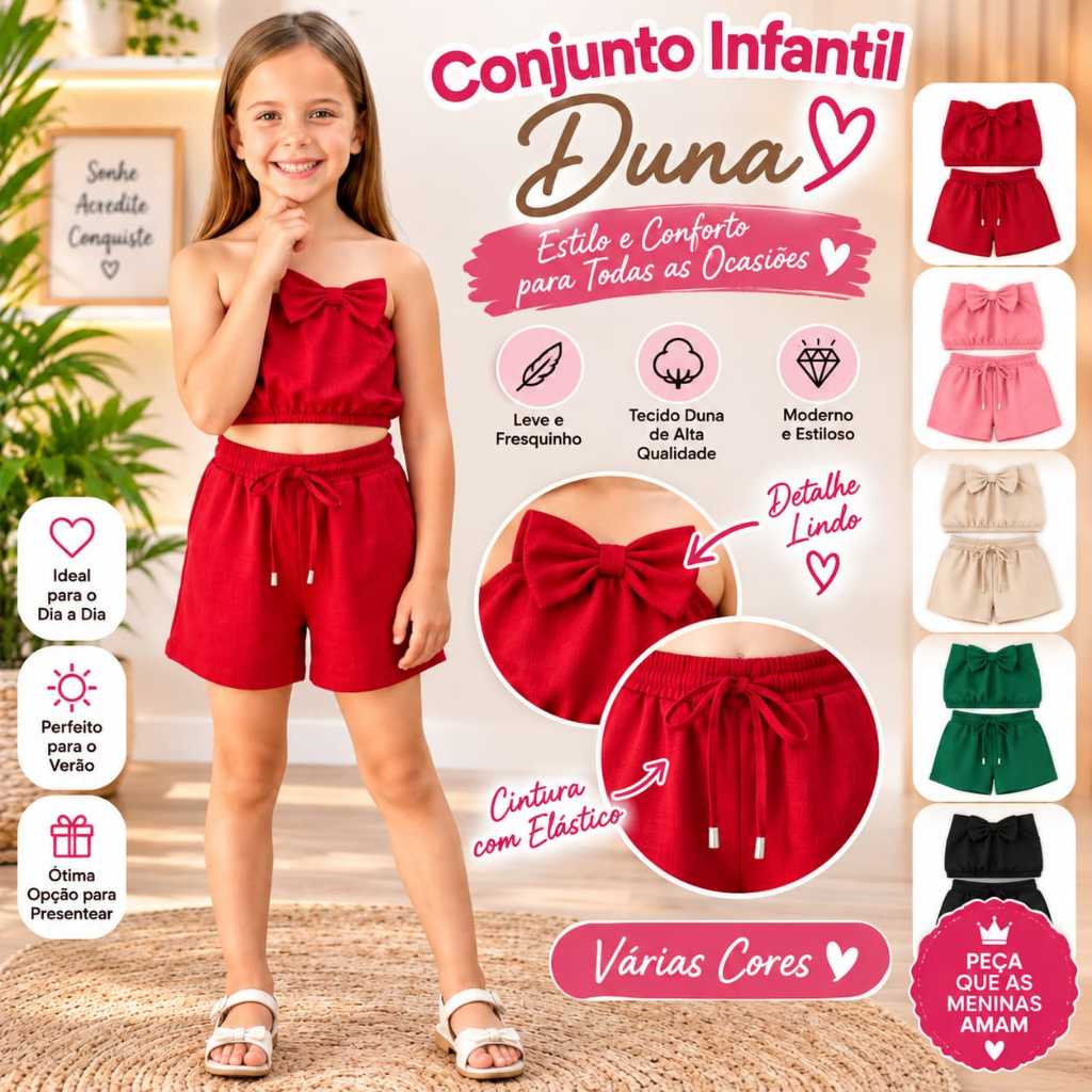 Conjunto Infantil Menina Duna Verão Fresquinho Confortável Top e Short Moda Infantil Estilosa