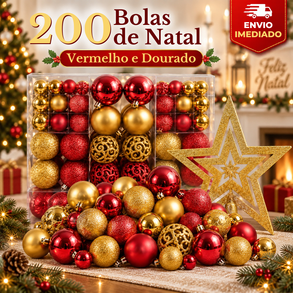 200 Enfeites Bolas de Natal Vermelhas e Douradas Tamanhos Variados Acompanha Estrela para Árvore