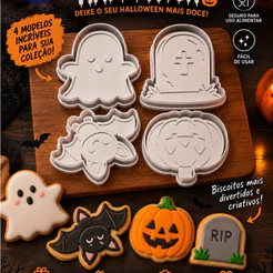 Kit 4 Modelador Biscoito HALLOWEEN Carimbo de Massa Pasta Americana