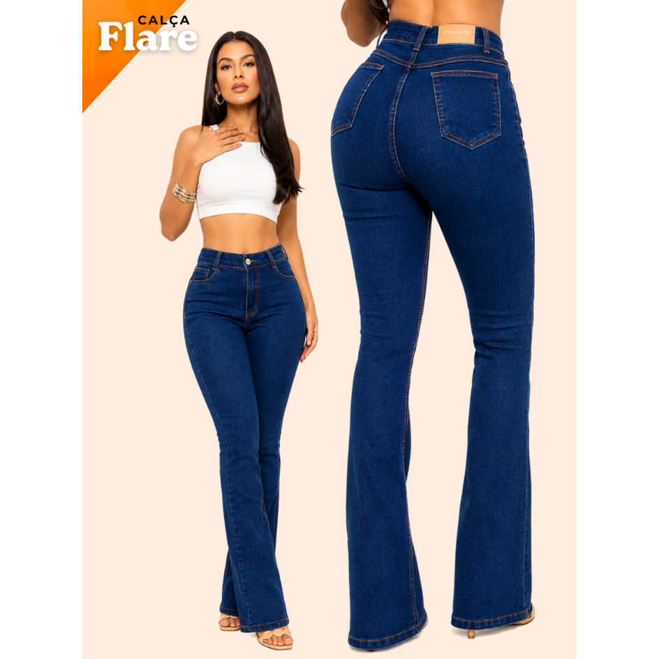 Calça Flare Feminina Jeans Cintura Alta com Lycra Boca de Sino Modeladora para Trabalho Sonhare Jeans