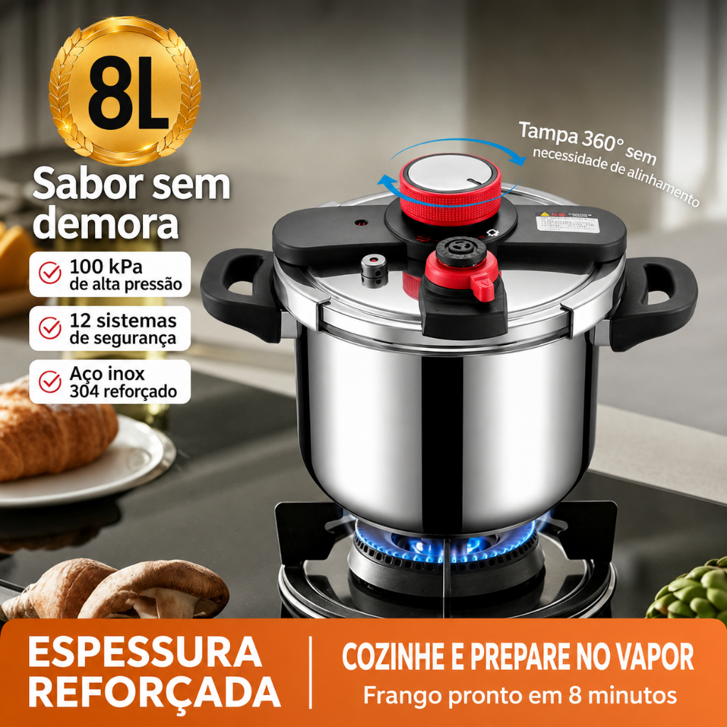 Imagem Panela de Pressão Aço Inox Fundo Triplo Pro Indução e Gás 4-8L Fechamento Externo