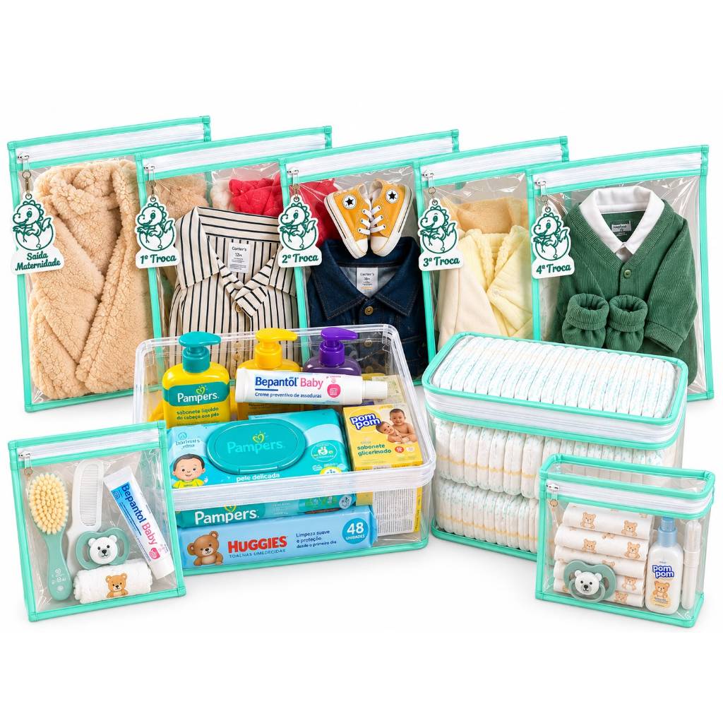 KIT ORGANIZADOR MATERNIDADE COMPLETO (14 itens) - SAQUINHOS + TAGS + NECESSAIRE + PORTA FRALDAS