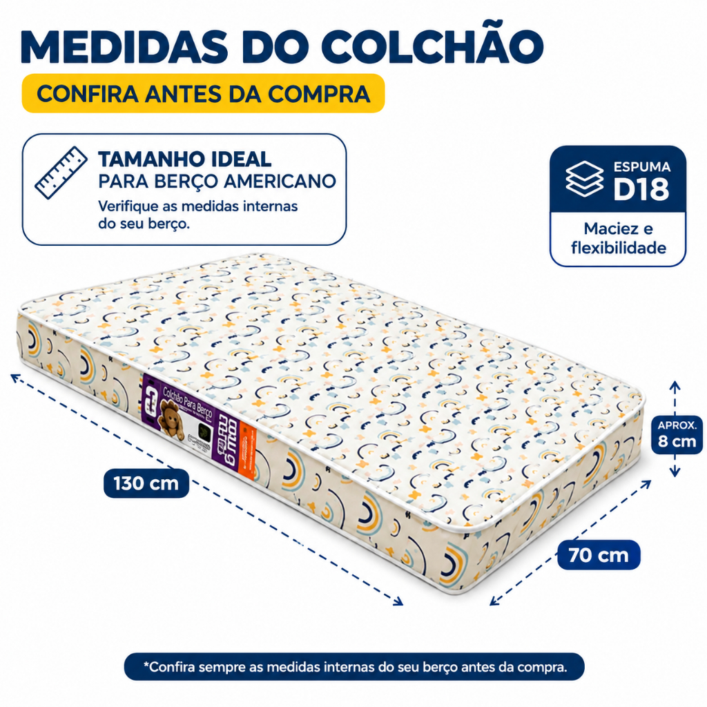 Colchão Infantil 130x70 Mini Cama e Berço Americano Espuma D18