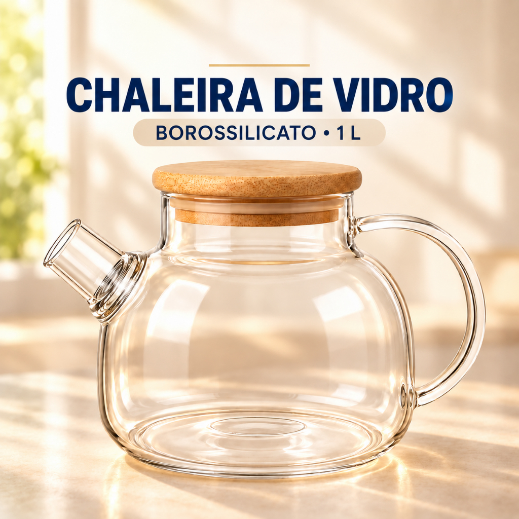 Chaleira de Vidro Borossilicato 1L Tampa de Bambu para Chá Café Resistente ao Calor Casart