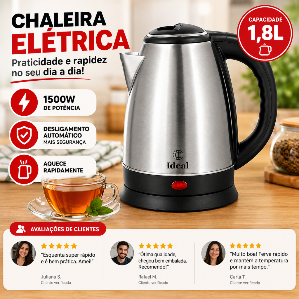Chaleira Elétrica Inox 1,8L 1500W 220V Ferve Água Rápido Desligamento Automático