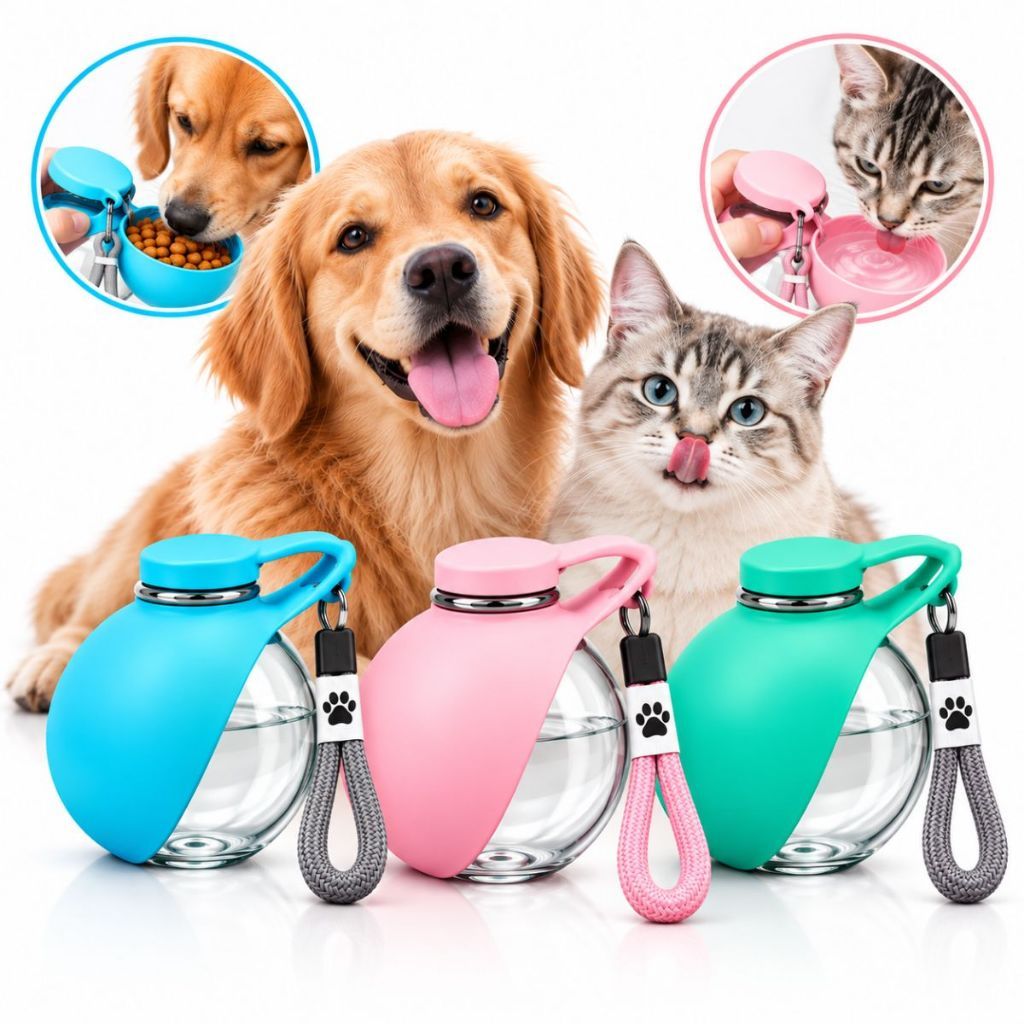 Garrafinha Pet Portátil 2 em 1 Água e Ração para Cães e Gatos 290ml 120g Bebedouro Comedouro Viagem Passeio