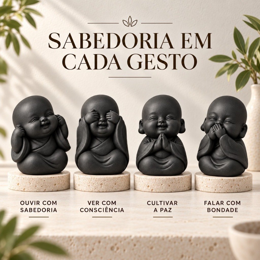 Imagem Buda Decoração Estátua Mini Kit 4 Budas Trio Meditação Zen Decorativo Escultura Meditando Minimalista