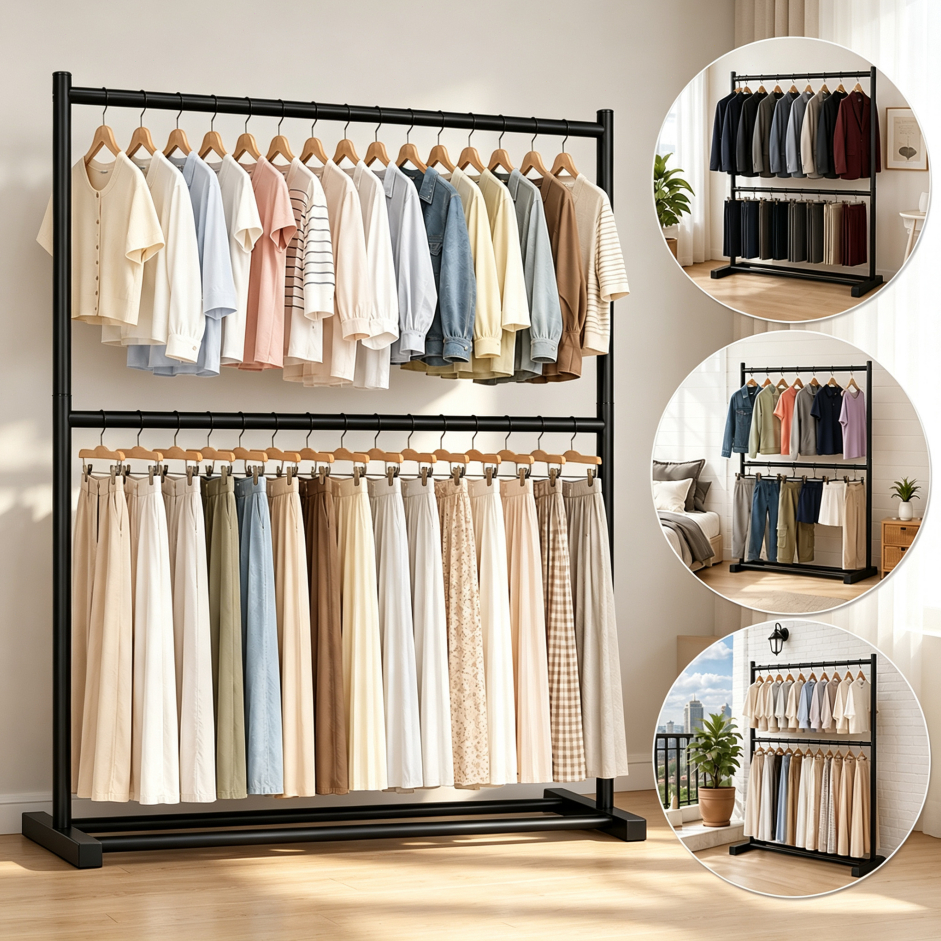 Arara de Roupas 80kg Reforçada Aço Carbono Barra Dupla 3 Em1 Ajustável Sapateira Cabideiro de Chão Organizador Quarto